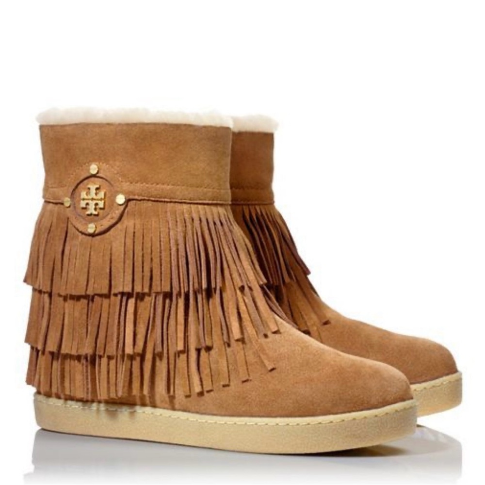 Tory Burch Shearling Fringe Suede Ankle Boots Brown Size 10